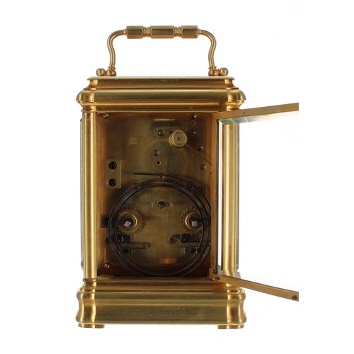 1225 - French repeater carriage clock striking on a gong, the movement back plate and base plate both stamp... 