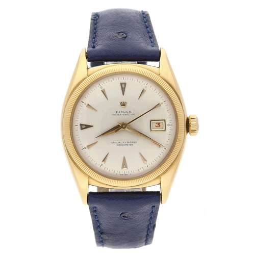 Fine Rolex Oyster Perpetual Chronometer 'Overtone' 18ct pink gold gentleman's wristwatch, reference 6105, circa 1950s, milled bezel, silvered dial with dagger markers, outer minute markers, sweep centre seconds and red date aperture, screw bubble back, modern blue leather strap, 36mm