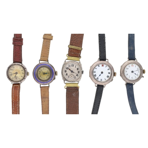 350 - Four silver ladies wire-lug wristwatches, with leather straps (one lacking glass); together with a s... 