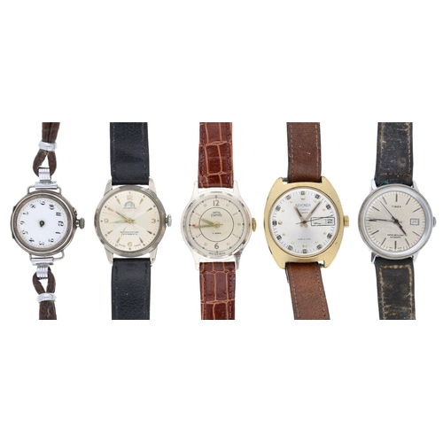 352 - Silver wire-lug wristwatch for repair, 31mm (lacking hands and glass); together with four gentleman'... 