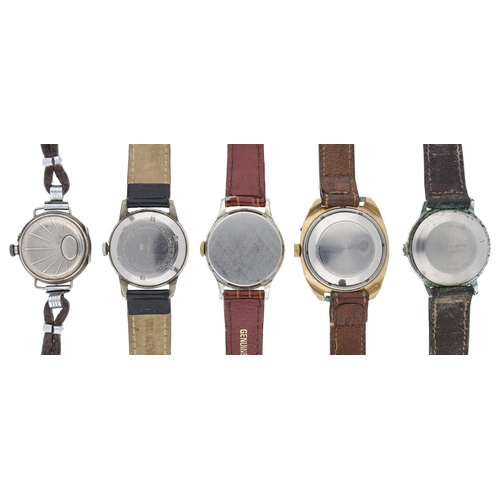 352 - Silver wire-lug wristwatch for repair, 31mm (lacking hands and glass); together with four gentleman'... 