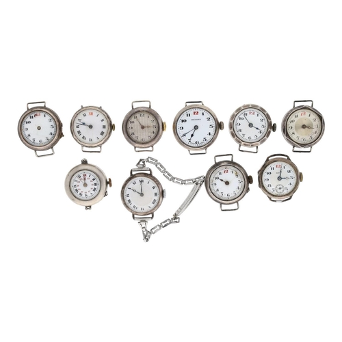 388 - Continental silver lady's wristwatch, 27mm (lacking bracelet); together with nine silver wire-lug wr... 