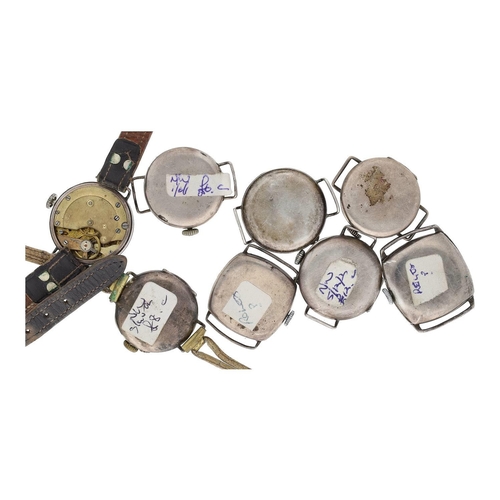 375 - Two silver cushion cased wire-lug wristwatches for repair (one lacking bezel, dial and hands); toget... 