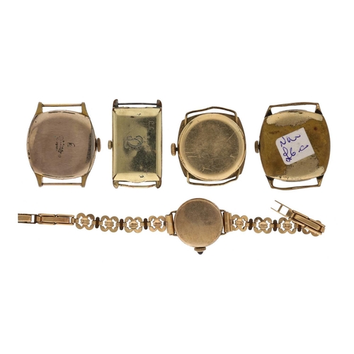 396 - Three rolled gold cushion cased gentleman's wristwatches (two require repair); together with a gold ... 