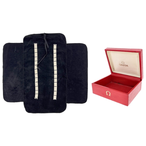 441 - Omega red watch box; together with a felt wristwatch storage holder