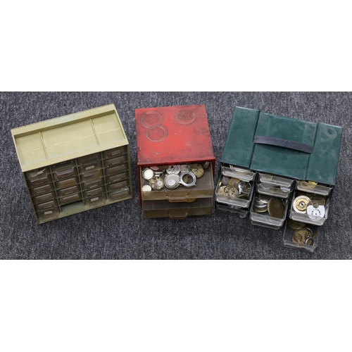 547 - Three plastic multi drawer storage chests containing an assortment of watch items to include wristwa... 