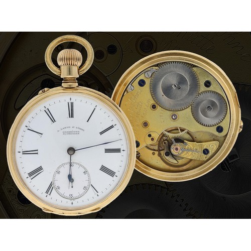 A. Lange & Söhne, Glashütte - fine 18ct keyless wind lever pocket watch, no. 16308, circa 1880-1885, signed Kal.45 three quarter plate movement,, with engraved balance cock, compensated balance and regulator, hinged cuvette, signed dial with Roman numerals, minute track and subsidiary seconds, blued steel spade hands, within an engine turned case, 97gm, 51mm