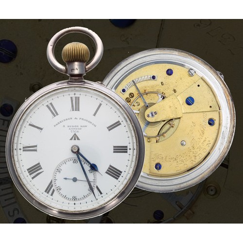 Parkinson & Frodsham, London - rare military issue silver pocket watch, no. 7376, Birmingham 1908, the movement with a stamped military arrow, signed Parkinson & Frodsham, 5 Budge Row, London, no. 7376, with compensated balance and silvered regulating scale, original signed dial with Roman numerals, outer minute track, sunken subsidiary seconds dial and blued steel hands, case maker 'JR' (Rotherham & Sons (John Rotherham), case no.  239 0, 53mm