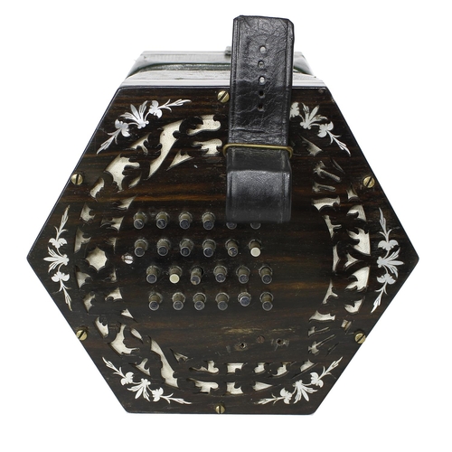 2508 - George Case patent English concertina, with forty-eight metal buttons on pierced wooden ends inlaid ... 