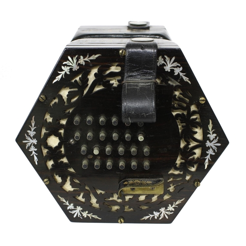 2509 - George Case patent English concertina, with forty-eight metal buttons on pierced wooden ends inlaid ... 