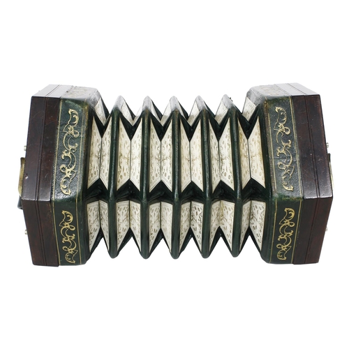 2510 - Keith Prowse English concertina, with forty-eight metal buttons on pierced rosewood ends inlaid with... 