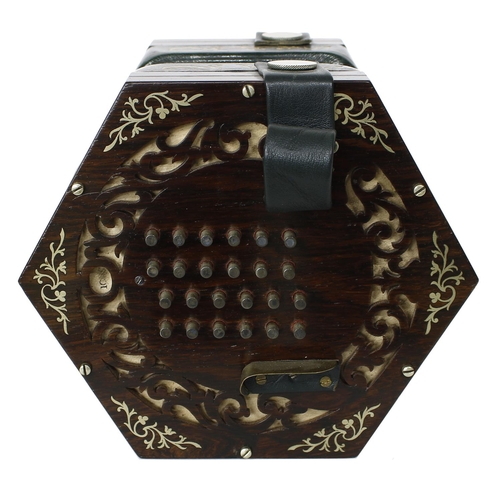 2510 - Keith Prowse English concertina, with forty-eight metal buttons on pierced rosewood ends inlaid with... 