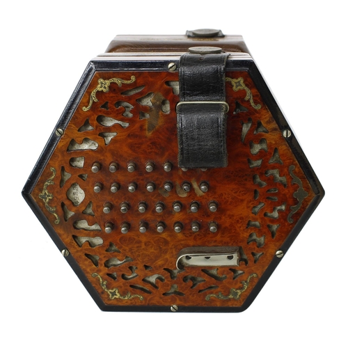 2511 - Good Lachenal & Co extended treble English concertina, with fifty-six buttons on pierced amboyna... 