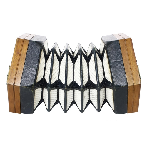 2516 - Metzler & Co English concertina, with forty-eight bone buttons on pierced mahogany ends, four-fo... 