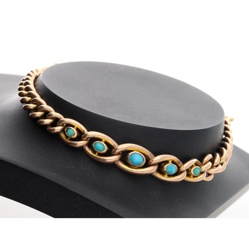 293 - Attractive 9ct turquoise set graduated curb link bracelet, with safety chain, 6.2gm, 7