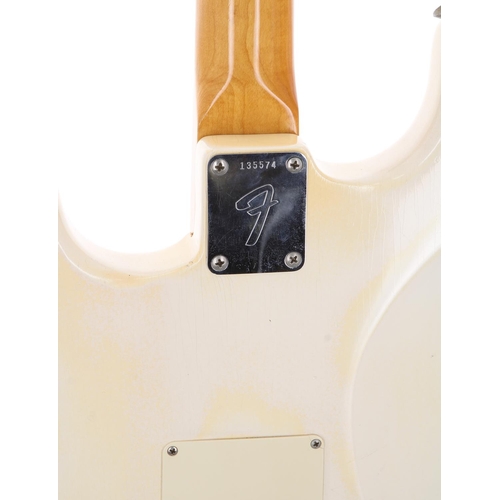 379 - 1966 Fender Stratocaster electric guitar, made in USA; Body: Olympic white refinish, light checking ... 