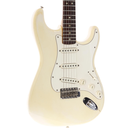 379 - 1966 Fender Stratocaster electric guitar, made in USA; Body: Olympic white refinish, light checking ... 