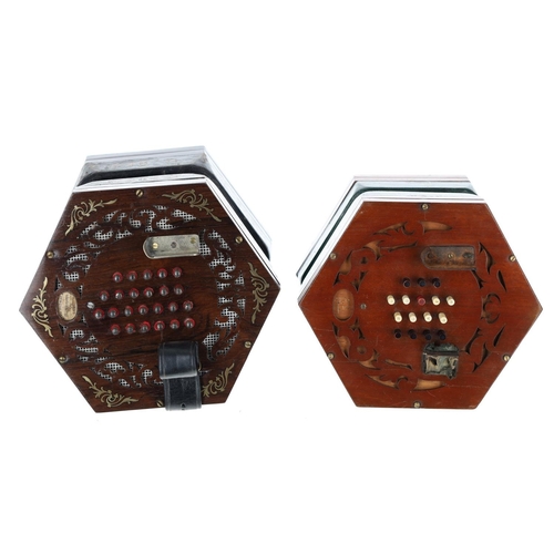 2502 - Keith Prowse English treble concertina, with forty-eight metal buttons on pierced rosewood ends inla... 