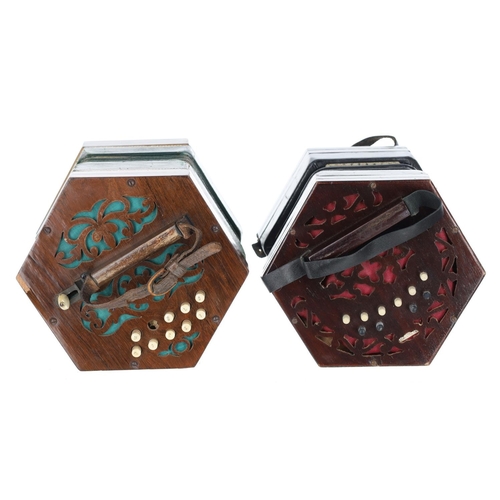 2503 - Lachenal & Co two row piano duet concertina, with twenty bone buttons on pierced mahogany ends, ... 