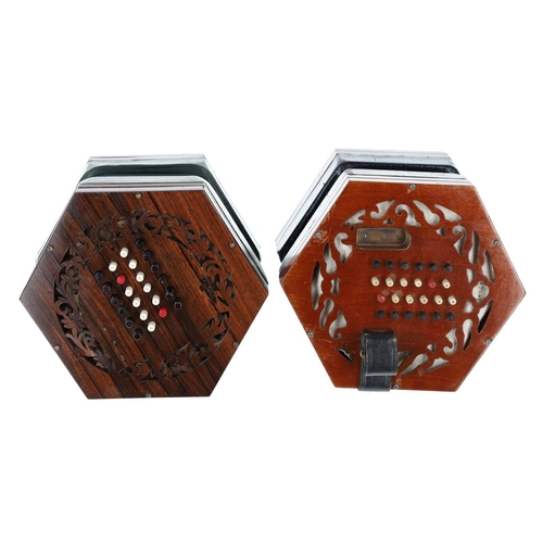 2504 - English concertina, with forty-eight bone buttons on pierced rosewood ends, five-fold bellows; also ... 