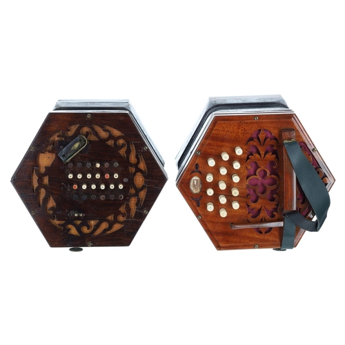 2505 - Early Simpson three row Anglo English concertina, with twenty-eight buttons on pierced mahogany ends... 