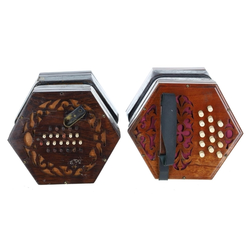 2505 - Early Simpson three row Anglo English concertina, with twenty-eight buttons on pierced mahogany ends... 