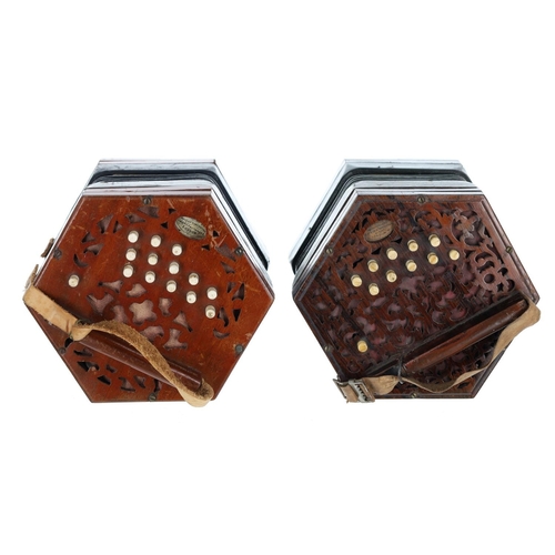 2507 - Lachenal & Co Anglo two row concertina, with twenty bone buttons on pierced rosewood ends, five-... 