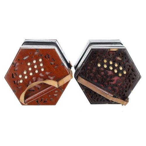 2507 - Lachenal & Co Anglo two row concertina, with twenty bone buttons on pierced rosewood ends, five-... 