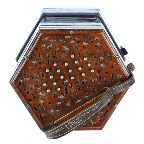 2513 - Lachenal & Co McCann duet concertina, with thirty-nine metal keys on pierced rosewood ends, six-... 