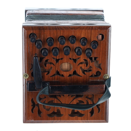 2514 - Henry Harley rectangular concertina, with twenty-six ebony buttons on pierced rosewood ends, six-fol... 