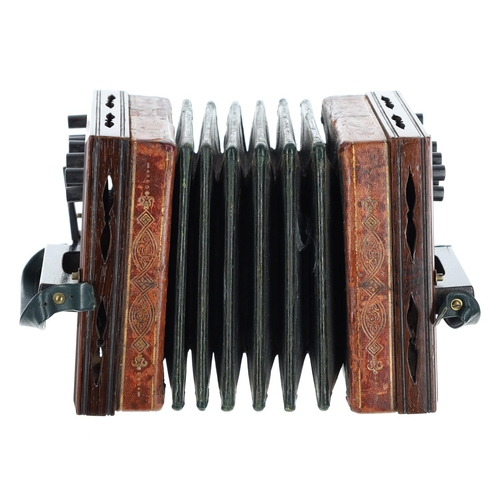 2514 - Henry Harley rectangular concertina, with twenty-six ebony buttons on pierced rosewood ends, six-fol... 