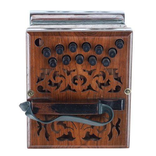 2514 - Henry Harley rectangular concertina, with twenty-six ebony buttons on pierced rosewood ends, six-fol... 