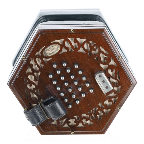 2515 - C. Wheatstone & Co treble concertina, with forty-eight metal buttons on pierced rosewood ends, f... 