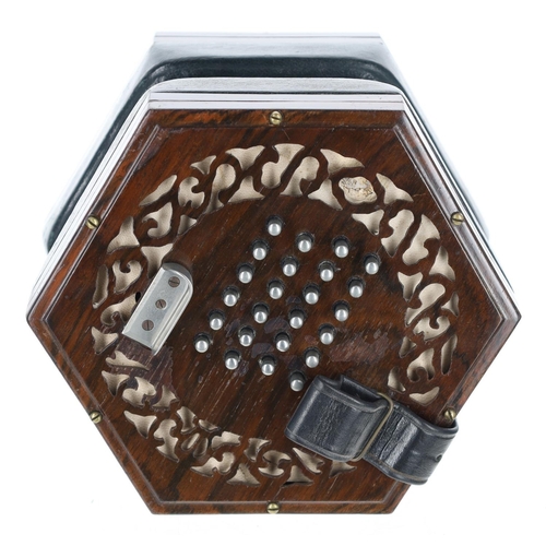 2515 - C. Wheatstone & Co treble concertina, with forty-eight metal buttons on pierced rosewood ends, f... 