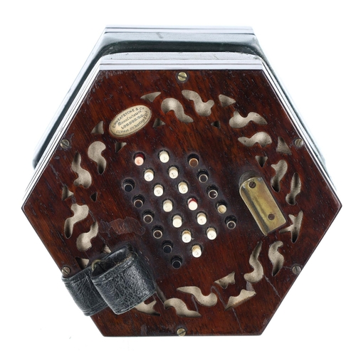 2518 - C. Wheatstone & Co English concertina, with forty-eight bone buttons on pierced rosewood ends, f... 