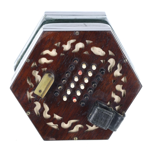 2518 - C. Wheatstone & Co English concertina, with forty-eight bone buttons on pierced rosewood ends, f... 