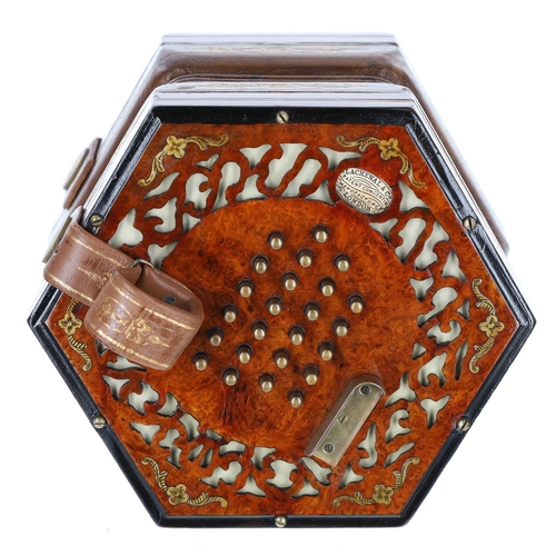 2519 - Lachenal & Co English treble concertina, with forty-eight brass buttons on pierced amboyna ends ... 