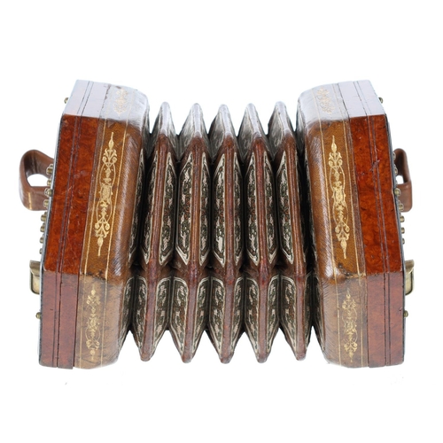 2519 - Lachenal & Co English treble concertina, with forty-eight brass buttons on pierced amboyna ends ... 