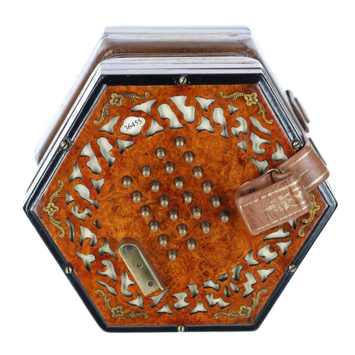 2519 - Lachenal & Co English treble concertina, with forty-eight brass buttons on pierced amboyna ends ... 