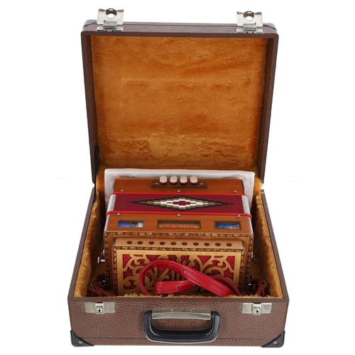 2529 - Serenellini Italian made button melodeon, with three voices and tuned in D/G, within plush lined har... 