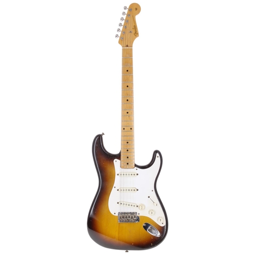 382 - 1957 Fender Stratocaster electric guitar, made in USA; Body: Two-tone sunburst finished alder, large... 