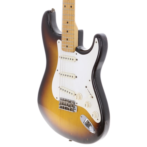 382 - 1957 Fender Stratocaster electric guitar, made in USA; Body: Two-tone sunburst finished alder, large... 