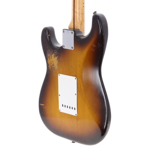 382 - 1957 Fender Stratocaster electric guitar, made in USA; Body: Two-tone sunburst finished alder, large... 