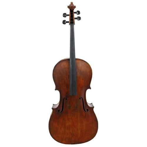 3512 - Interesting early 19th century violoncello in need of further restoration, unlabelled, the two piece... 