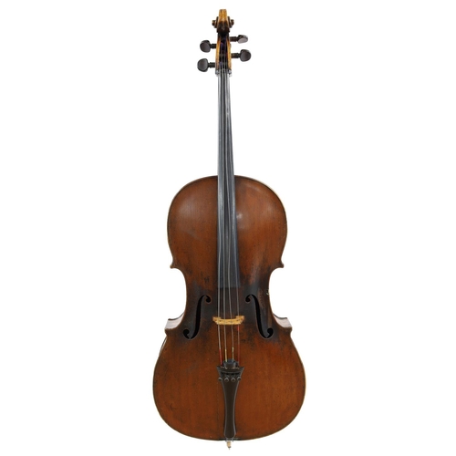 3519 - Good 19th century German violoncello, unlabelled, the two piece back of faint medium curl with simil... 