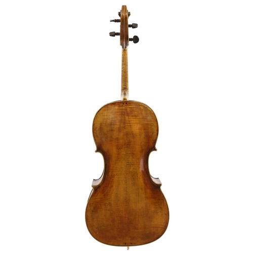 3519 - Good 19th century German violoncello, unlabelled, the two piece back of faint medium curl with simil... 