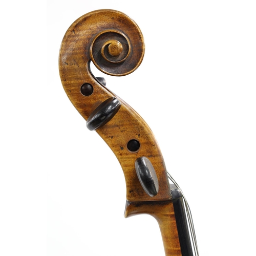 3519 - Good 19th century German violoncello, unlabelled, the two piece back of faint medium curl with simil... 