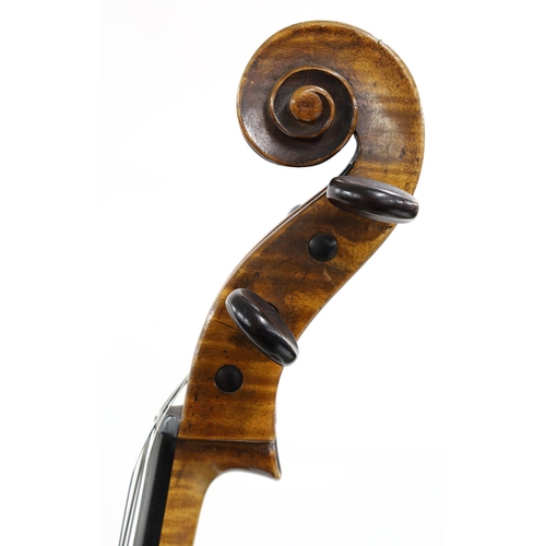 3519 - Good 19th century German violoncello, unlabelled, the two piece back of faint medium curl with simil... 