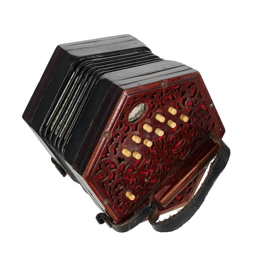 2562 - Lachenal & Co two row Anglo, concertina with twenty bone buttons on pierced mahogany ends, five-... 