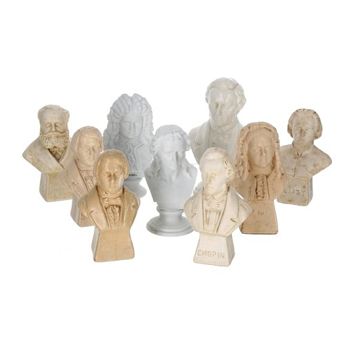 2571 - Nine small plaster amd ceramic busts of various famous composers, tallest 7.5